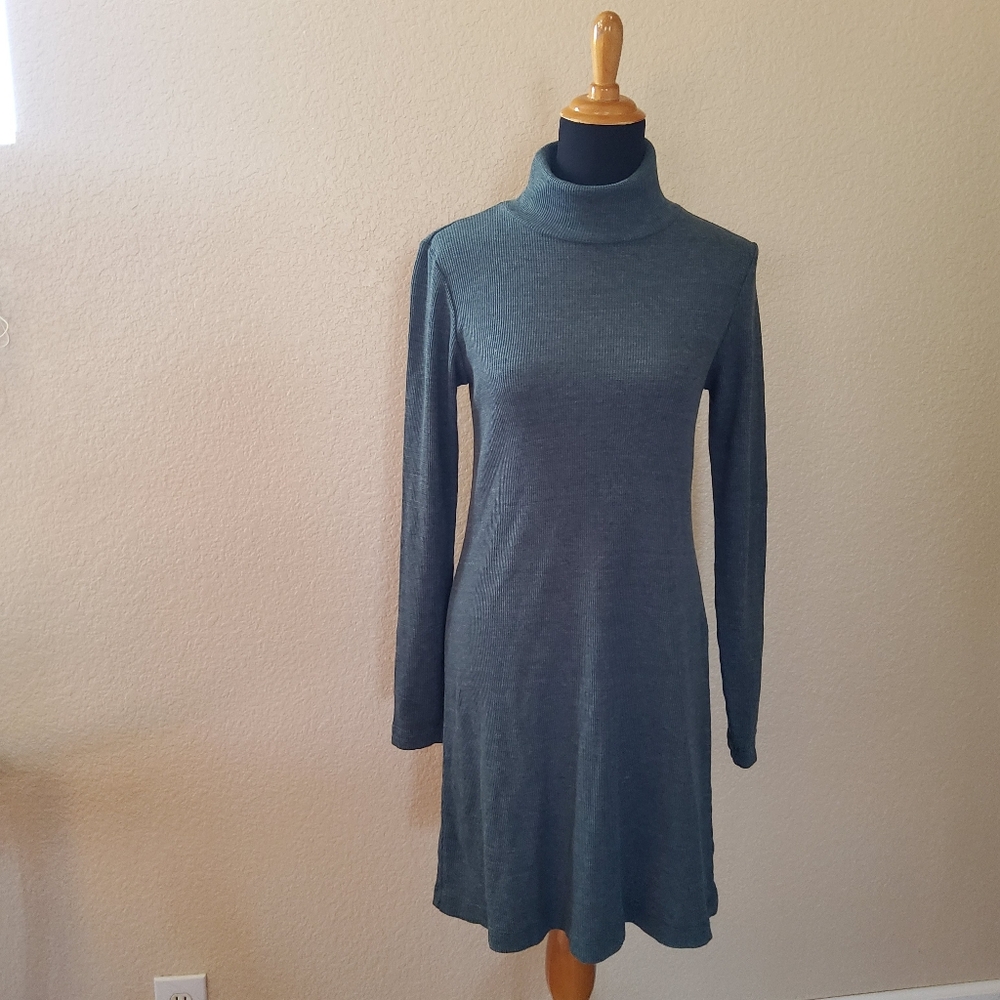 New Michael Stars Turtle Neck Cowl Rib Long Sleeve Swing A-Line Dress S Grey